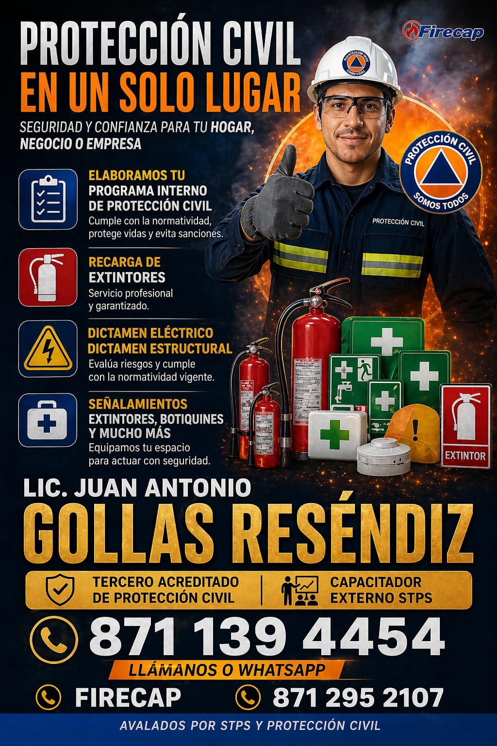 Imagen publicitaria FIRECAP con servicios de protección civil y extintores.